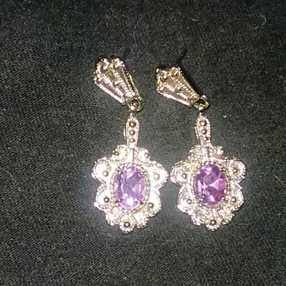 Genuine 1.00 Cttw Amethyst  Antique  Design Earrings. 925 Stamped